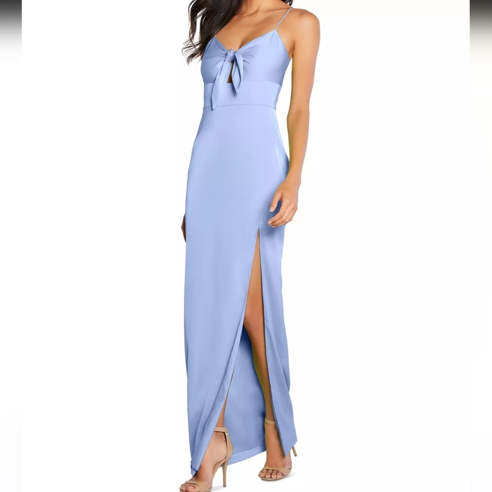 Aidan Mattox Blue Tie Front Cut Out High Slit Maxi Slip Dress Size 16 NWT'S